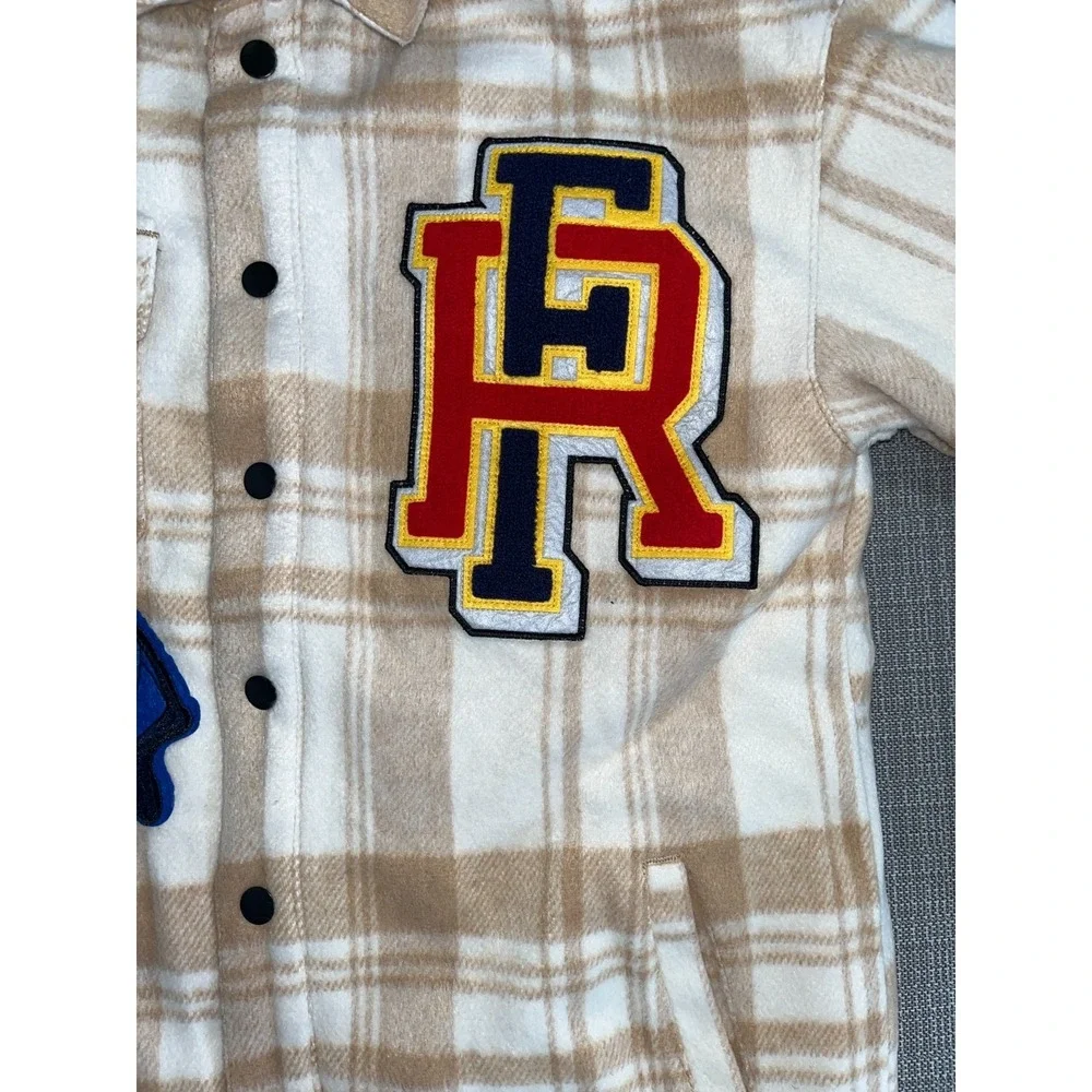 First Row Padding Shacket Mens Large Beige White Check Multi‎ Patches Wool Lined